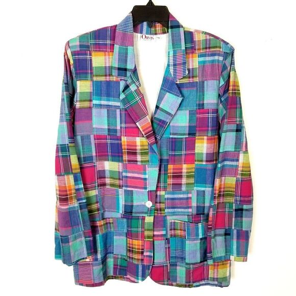 VRG Orvis Women Multicolor Plaid Blazer Jacket Size M Button Up Shoulder Pads - Picture 1 of 6